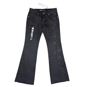 New Revolt Low Rise Flare Black Sz. 7‎ Embroidered Floral & Gem Stone Details